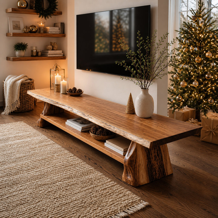 Mid Century Live Edge Wooden TV Console For Holiday Home Living Room