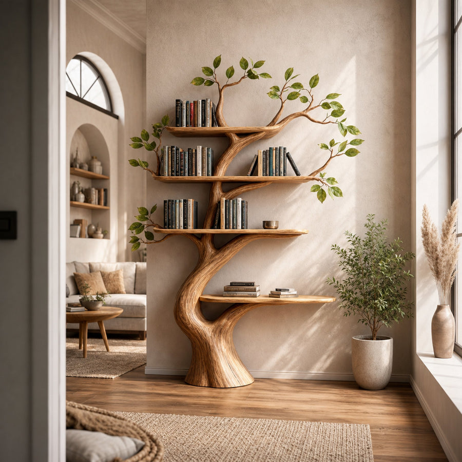 Mid Century Modern Tree Bookshelf Living Area