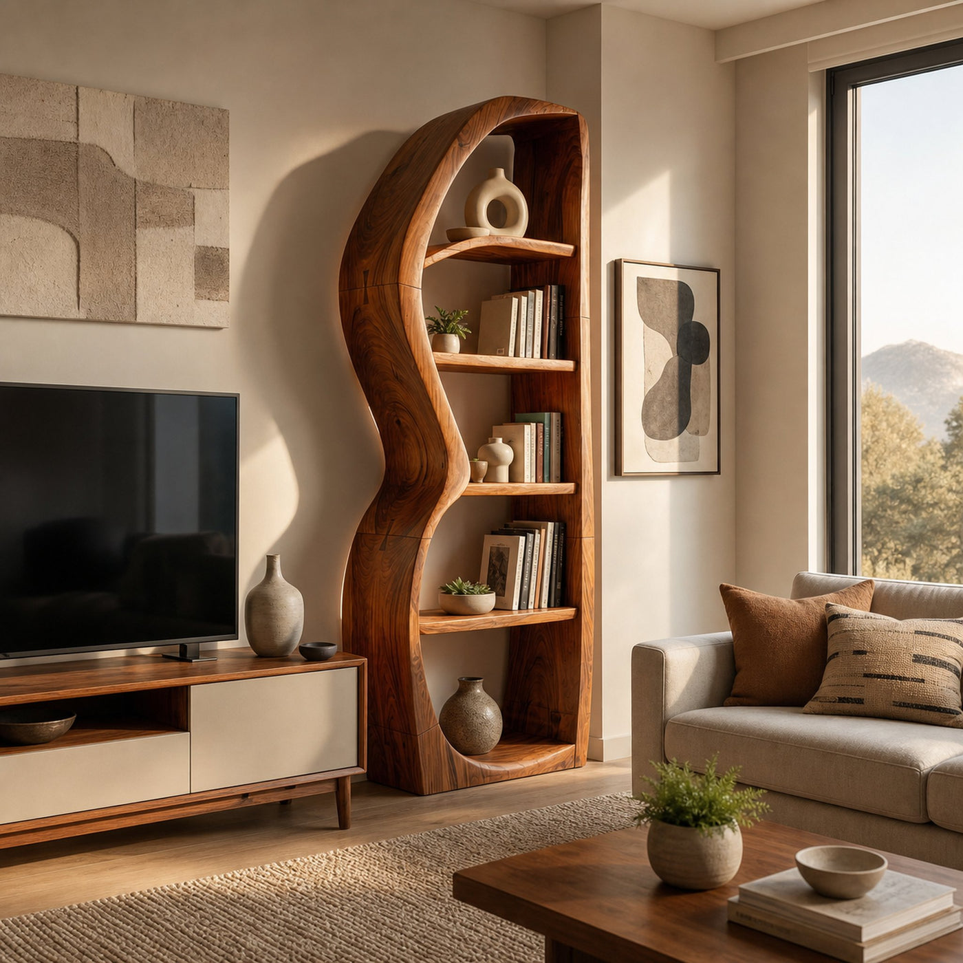 Mid Century Modern Unique Bookshelf Living Room Storage - product view 2