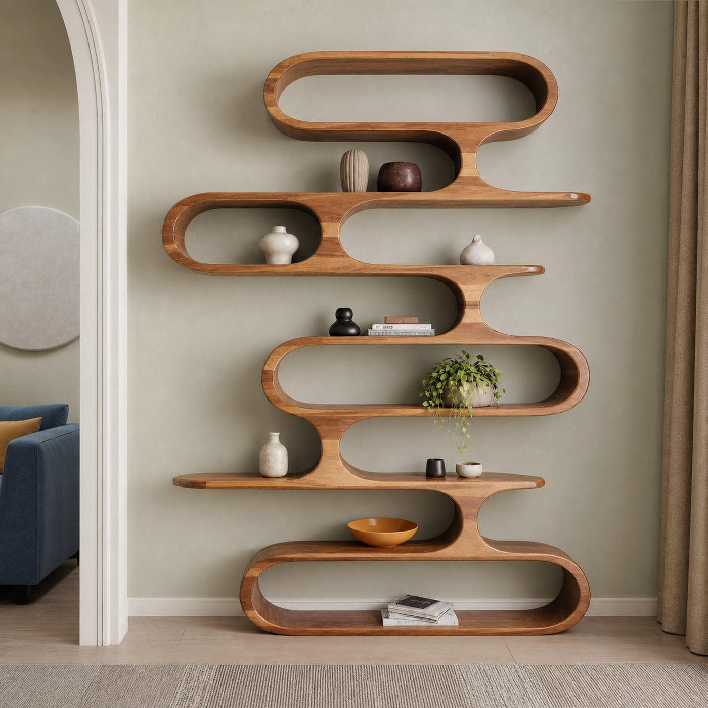 Mid Century Modern Wall Shelf With Flowing Shape For Living Room And Office