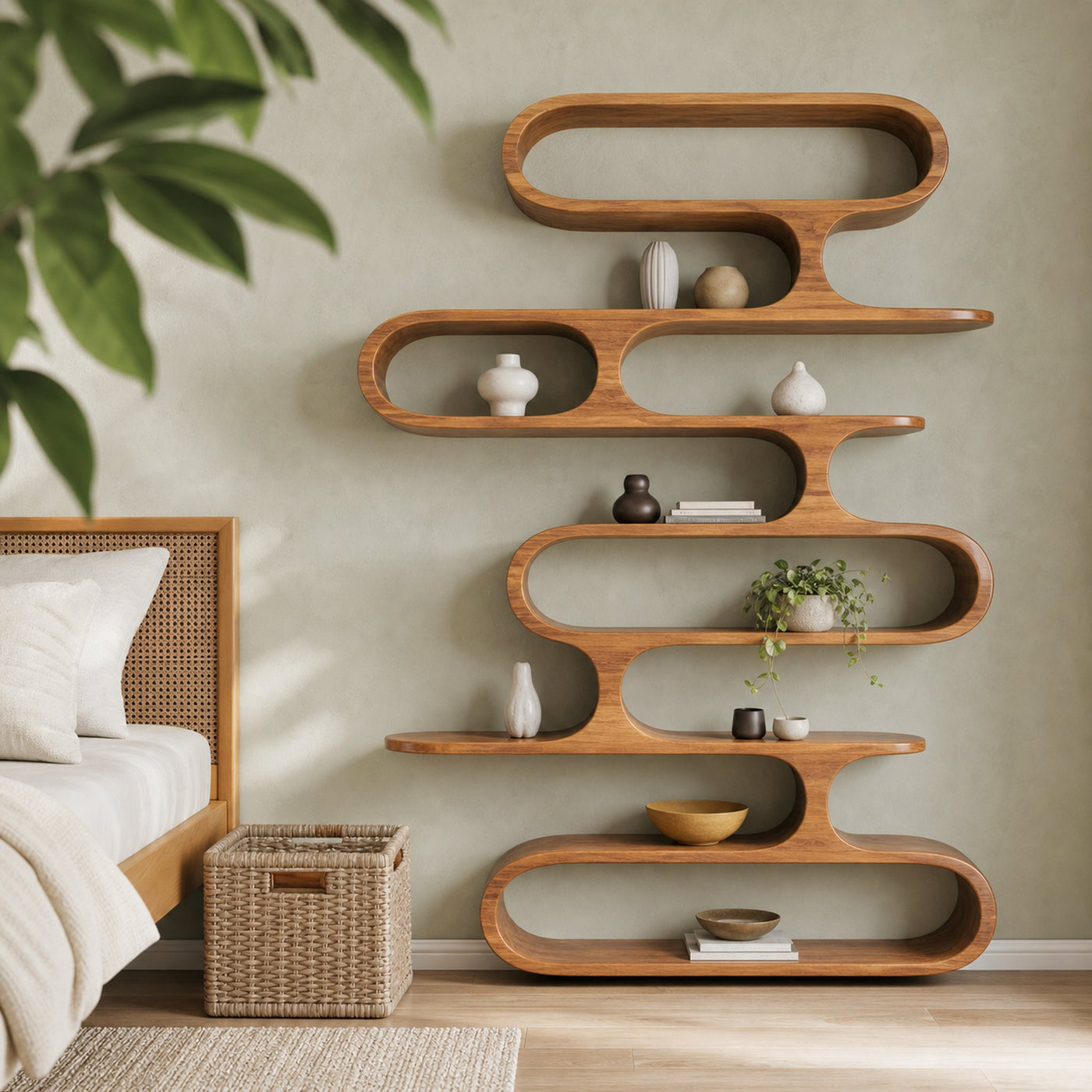 Mid Century Modern Wall Shelf With Flowing Shape For Living Room And Office - product view 2