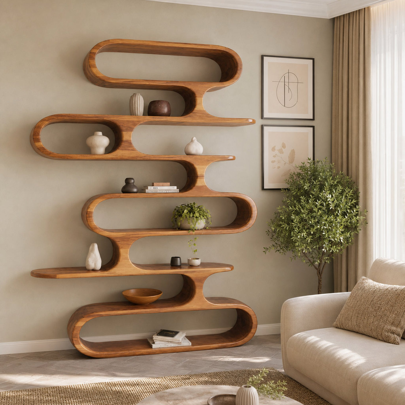 Mid Century Modern Wall Shelf With Flowing Shape For Living Room And Office - product view 3