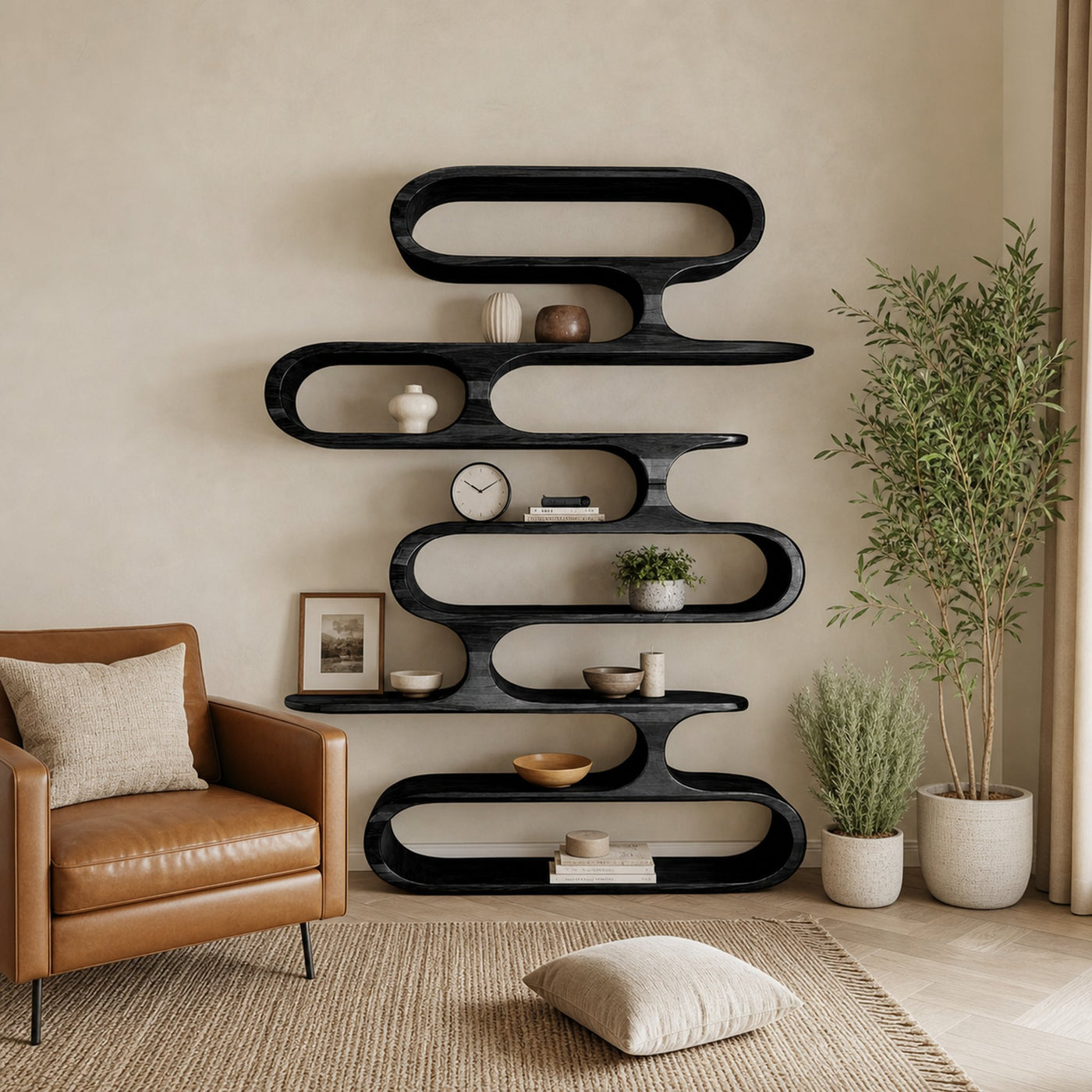 Mid Century Modern Wall Shelf With Flowing Shape For Living Room And Office - product view 4