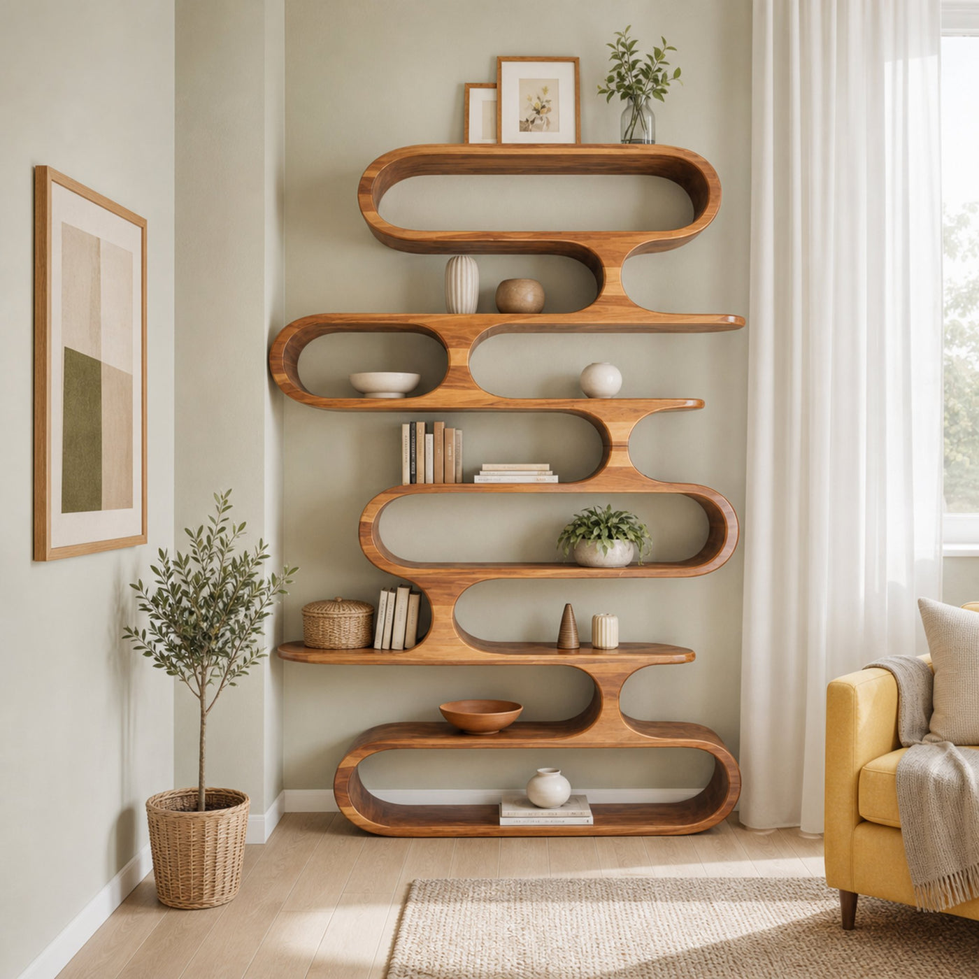 Mid Century Modern Wall Shelf With Flowing Shape For Living Room And Office - product view 5