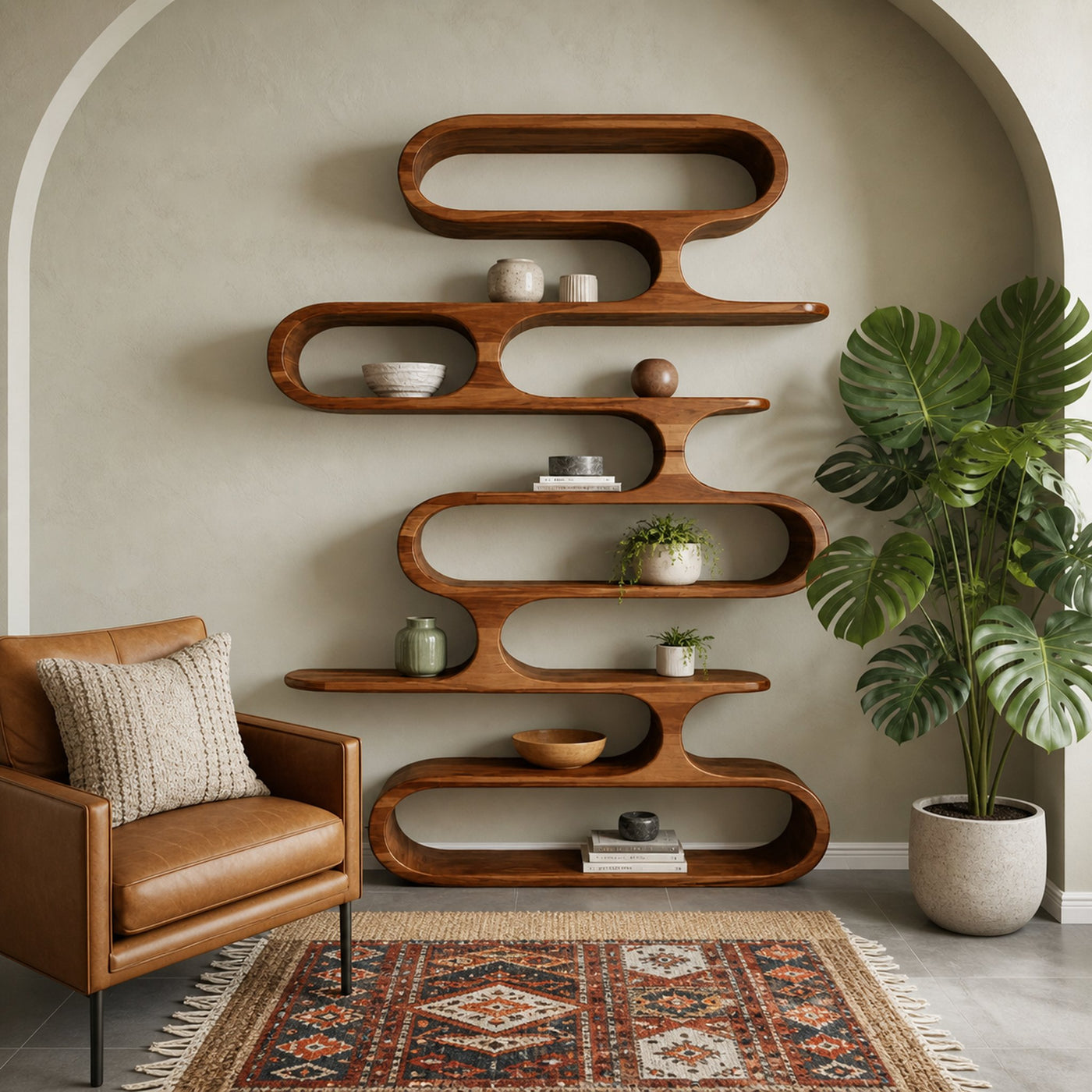 Mid Century Modern Wall Shelf With Flowing Shape For Living Room And Office - product view 6