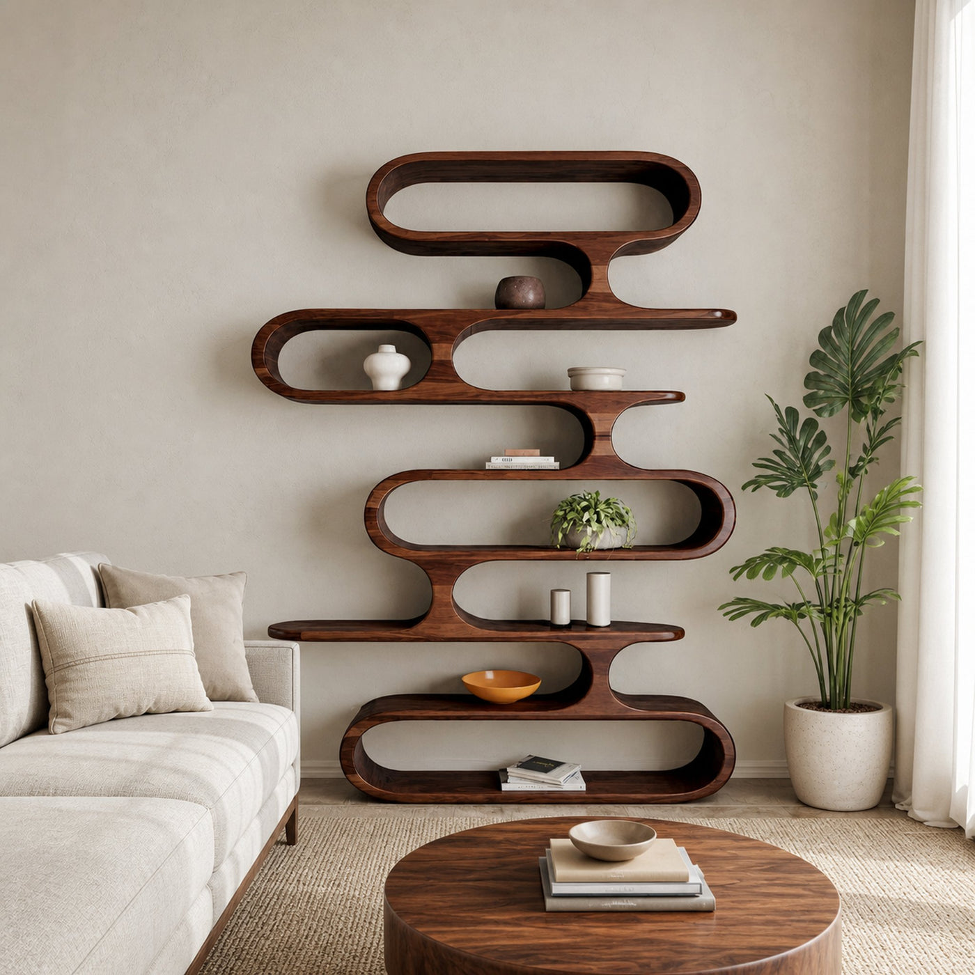 Mid Century Modern Wall Shelf With Flowing Shape For Living Room And Office - product view 7