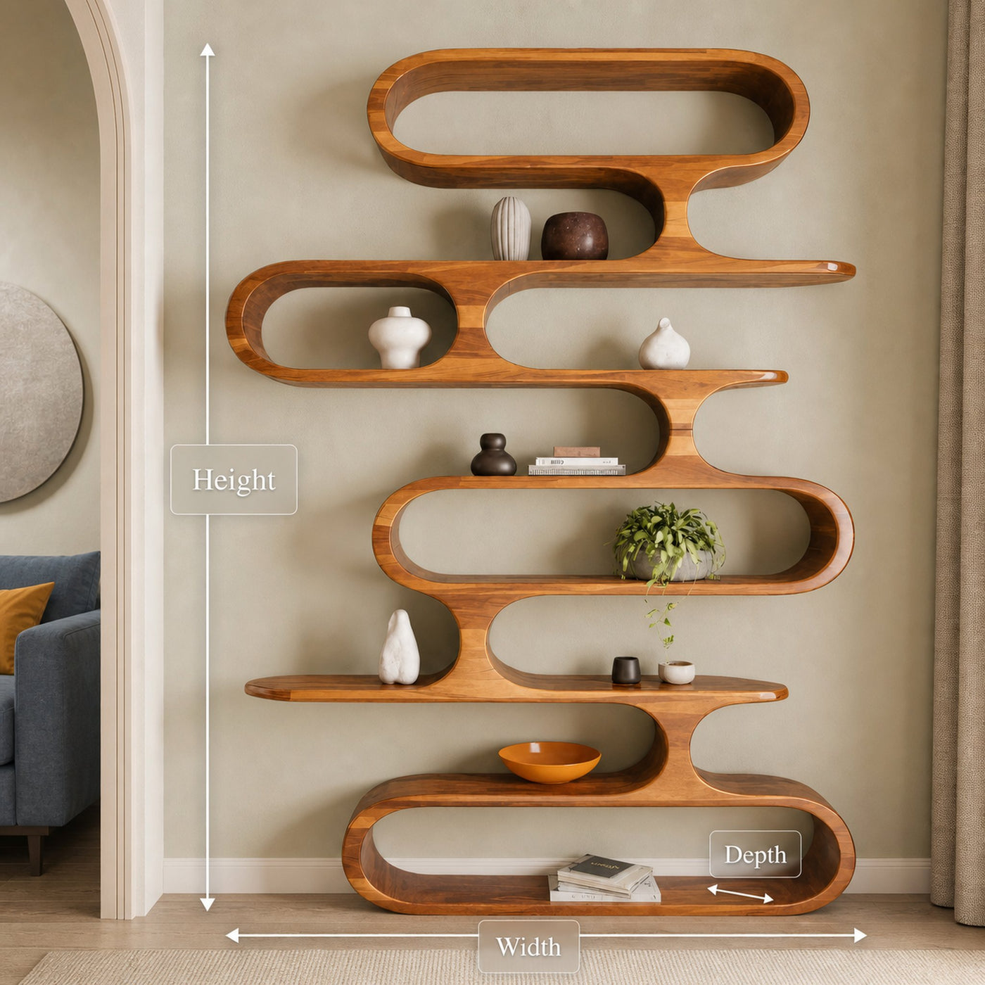 Mid Century Modern Wall Shelf With Flowing Shape For Living Room And Office - product view 8