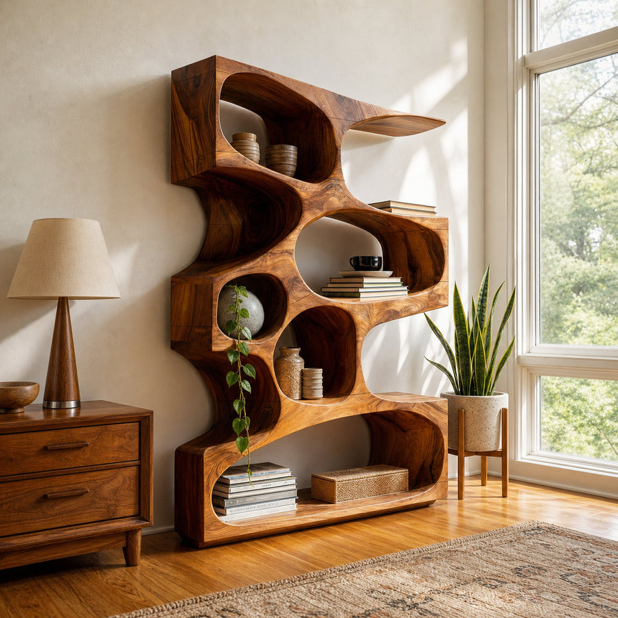 Mid Century Modern Wavy Bookshelf Bedroom Corner Storage