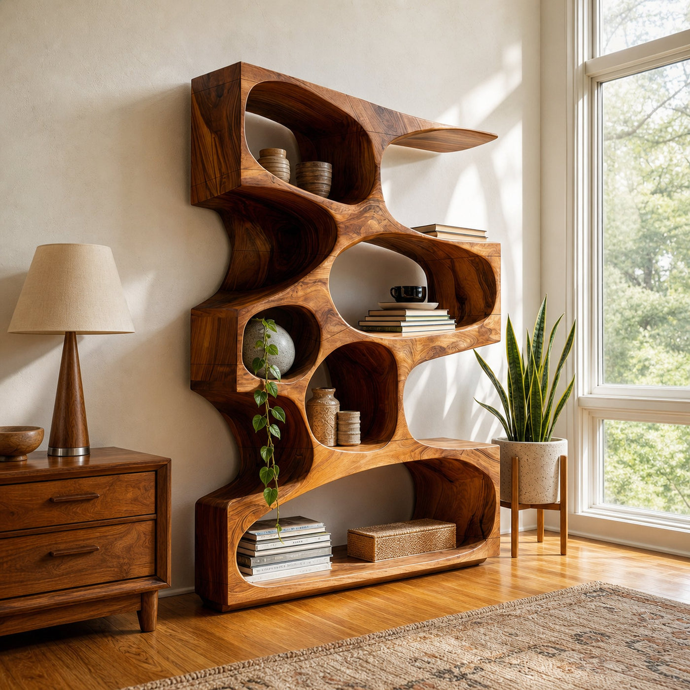 Mid Century Modern Wavy Bookshelf Bedroom Corner Storage