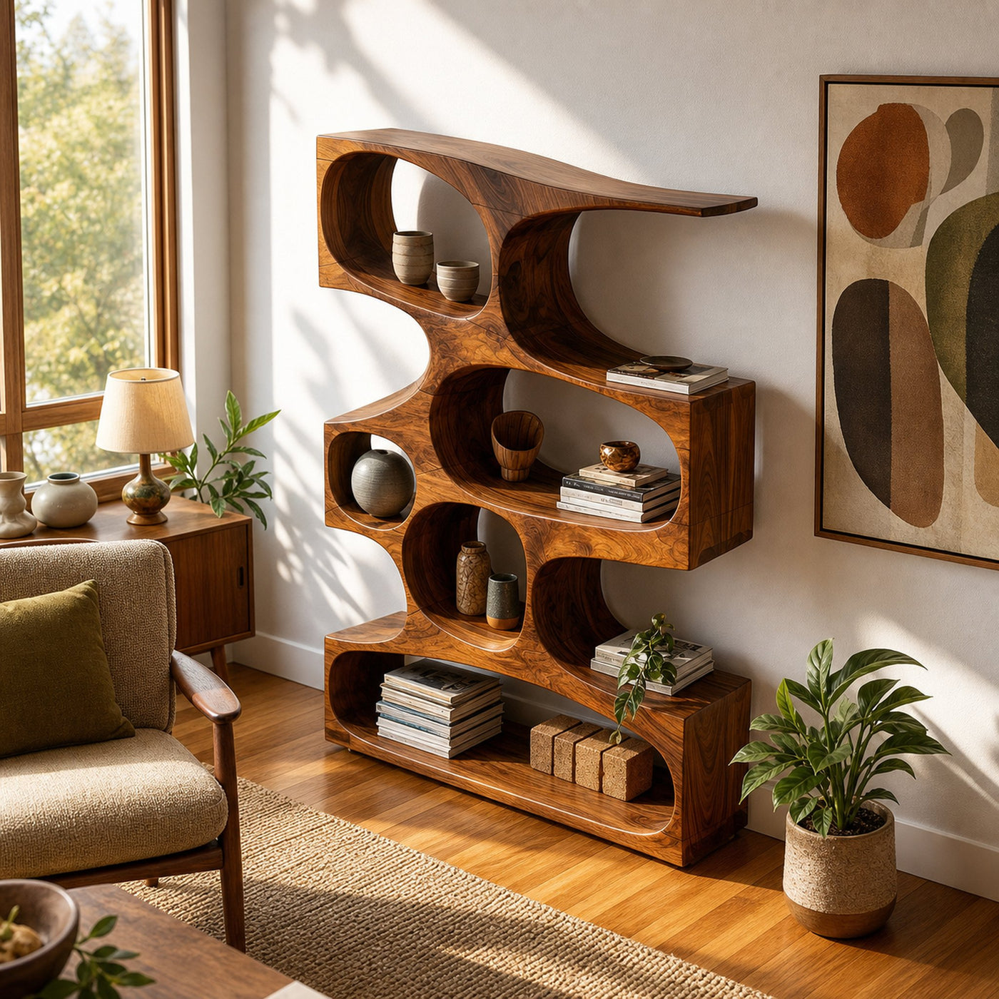 Mid Century Modern Wavy Bookshelf Bedroom Corner Storage - product view 2