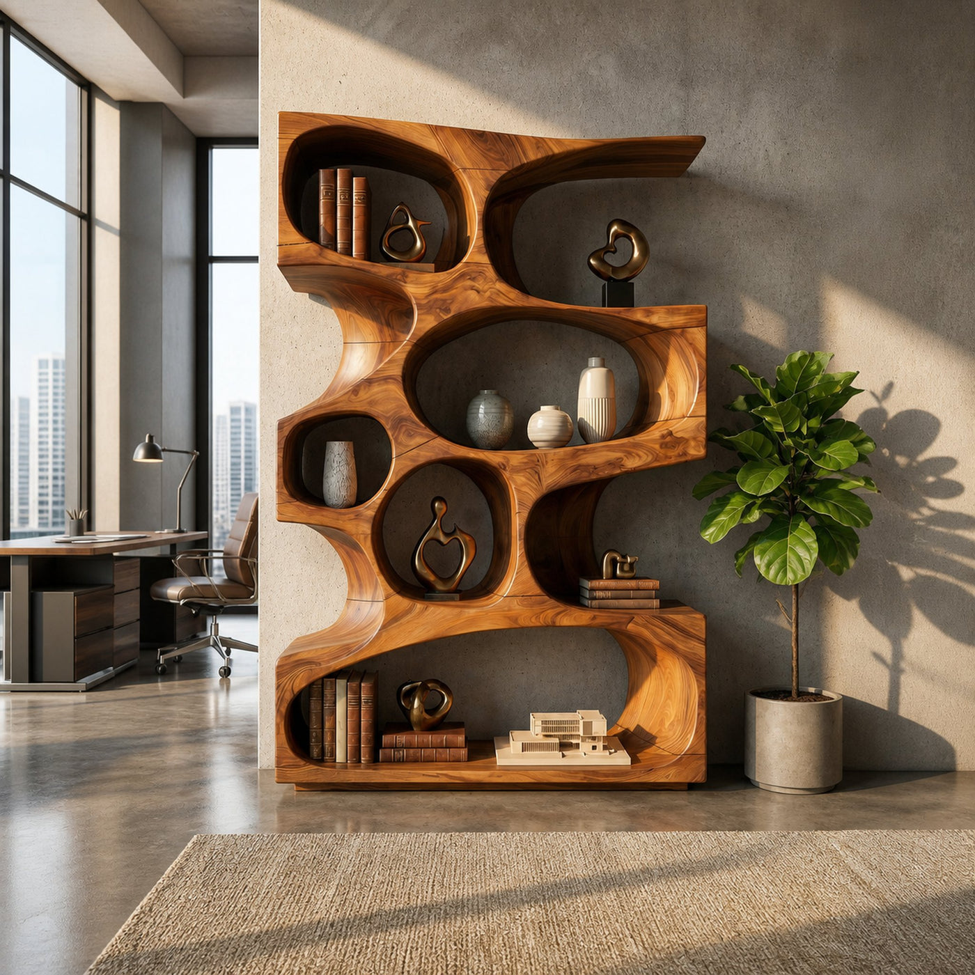 Mid Century Modern Wavy Bookshelf Bedroom Corner Storage - product view 3