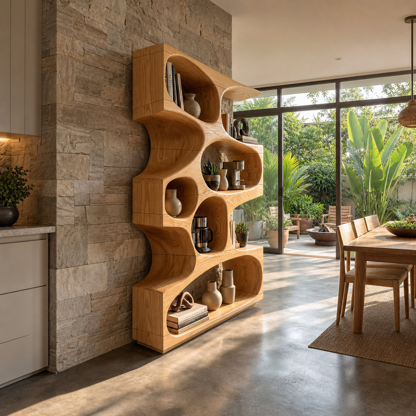 Mid Century Modern Wavy Bookshelf Bedroom Corner Storage - product view 5