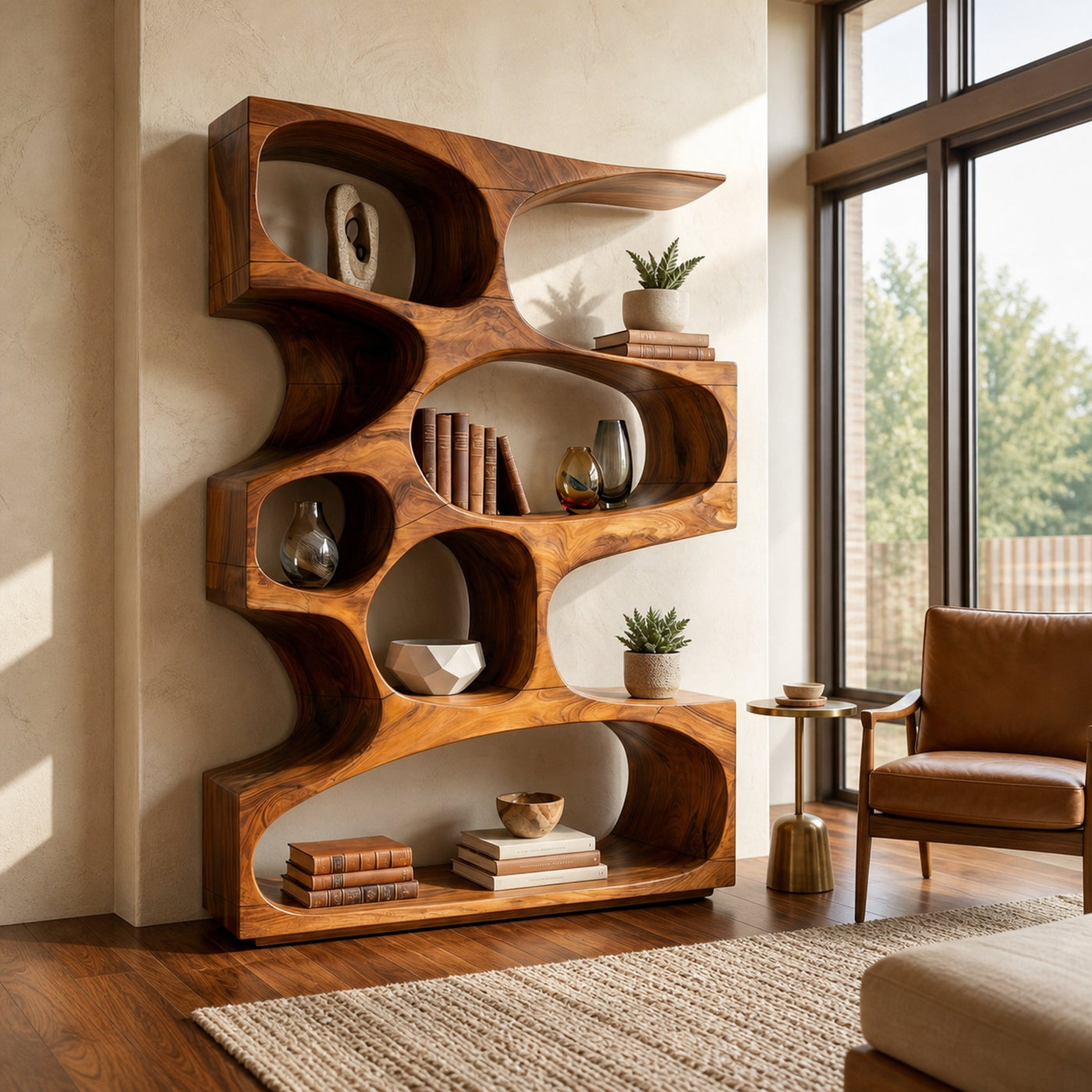 Mid Century Modern Wavy Bookshelf Bedroom Corner Storage - product view 6