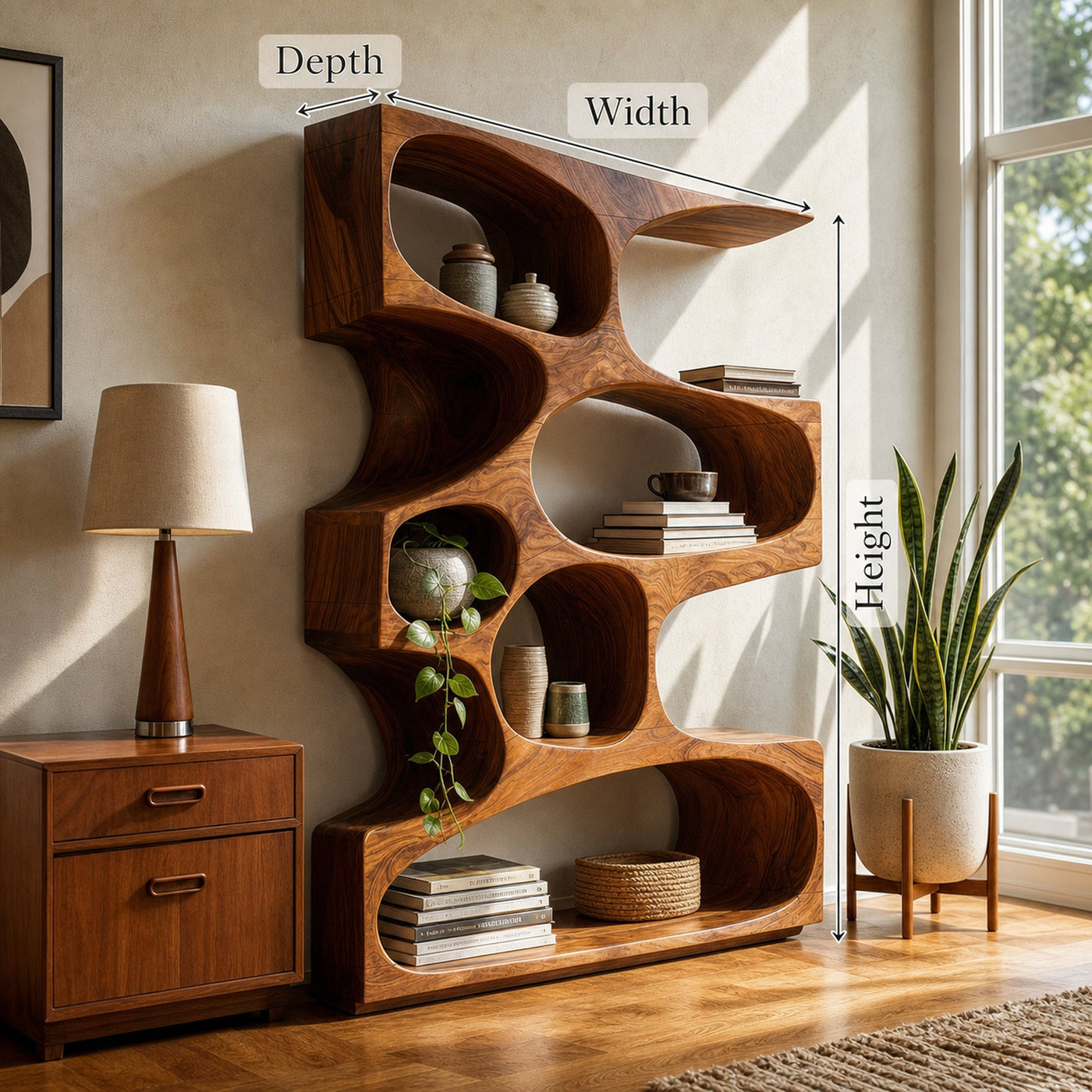 Mid Century Modern Wavy Bookshelf Bedroom Corner Storage - product view 8