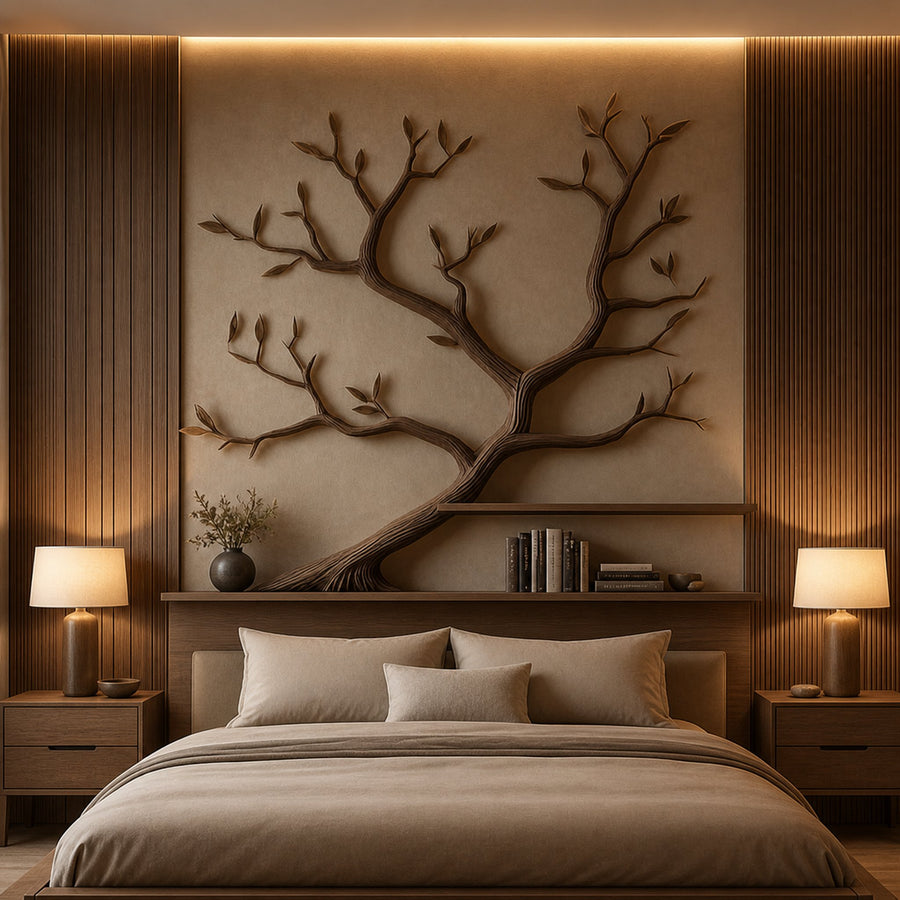 Mid Century Organic Tree Bookshelf Bedroom Wall Design