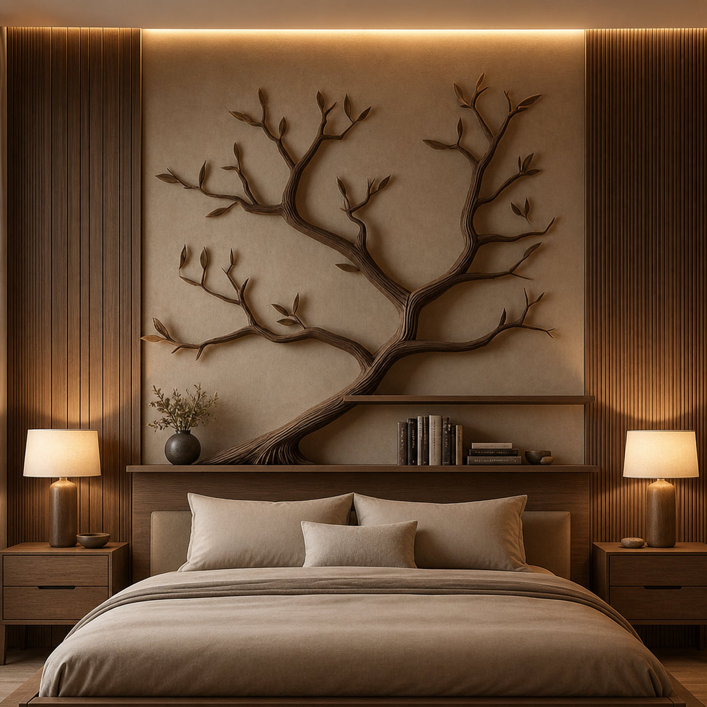 Mid Century Organic Tree Bookshelf Bedroom Wall Design
