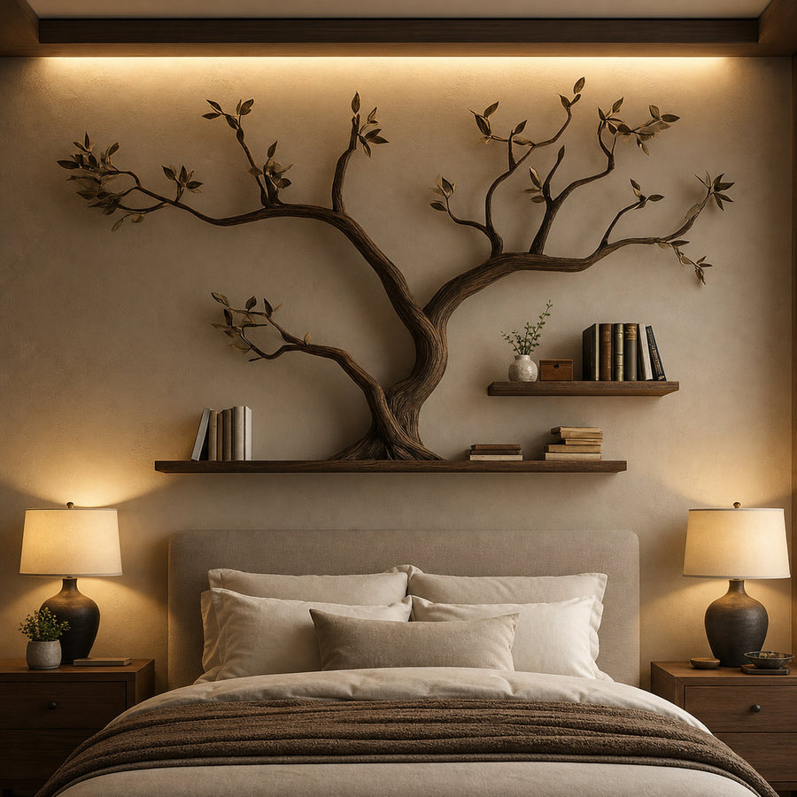 Mid Century Organic Tree Bookshelf Headboard Bedroom Design