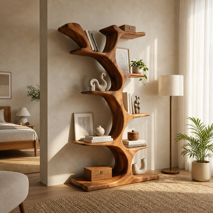 Mid Century Sculptural Bookcase Storage Organizer For Bedroom Space