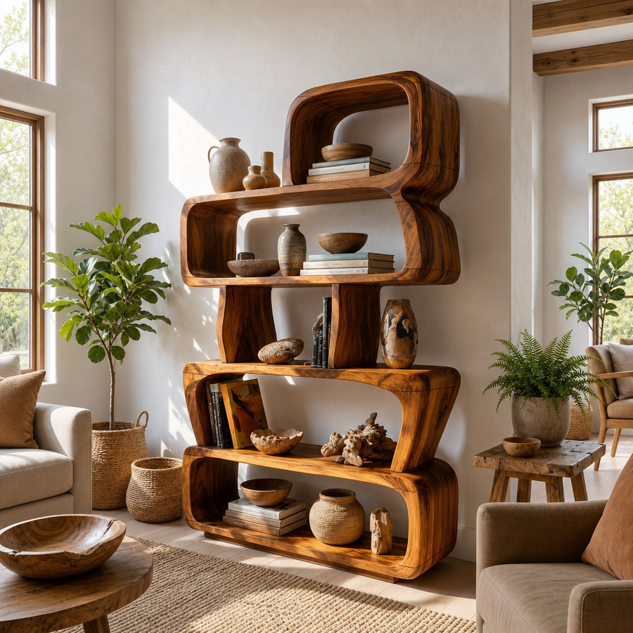 Mid Century Sculptural Bookshelf Storage Organizer For Home Office