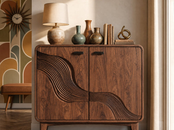 Mid Century Sculptural Storage Cabinet For Living Room And Dining Room Space