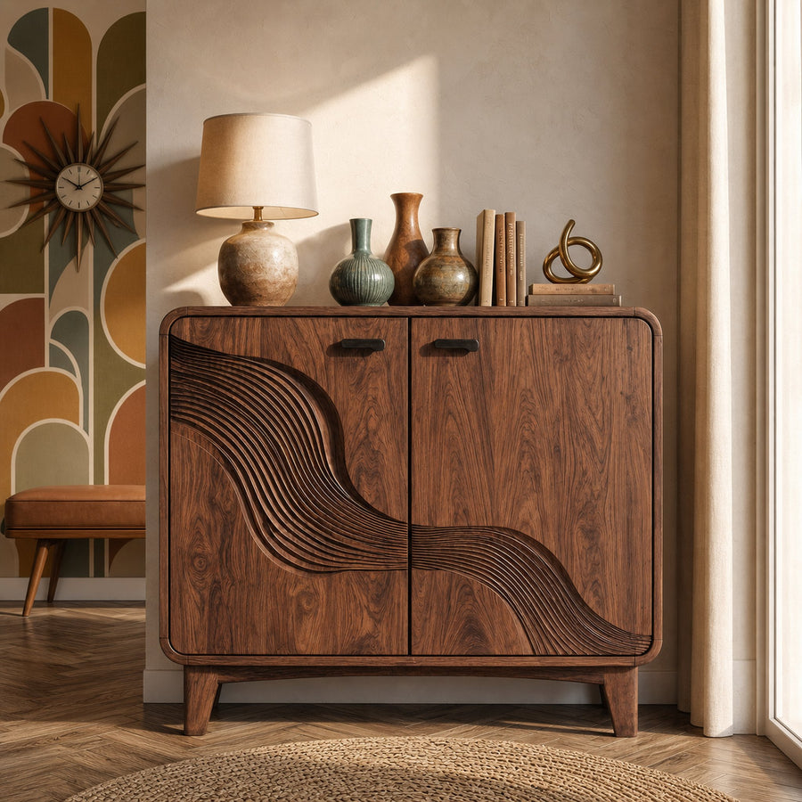 Mid Century Sculptural Storage Cabinet For Living Room And Dining Room Space