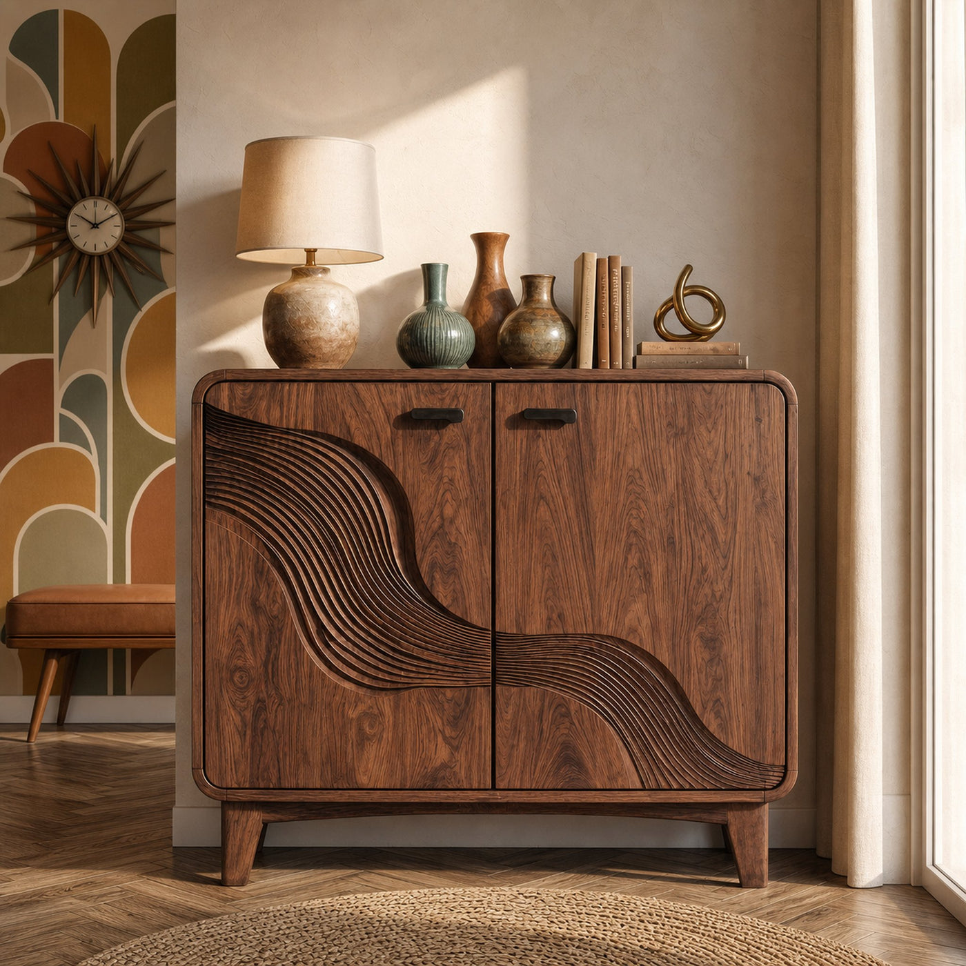Mid Century Sculptural Storage Cabinet For Living Room And Dining Room Space