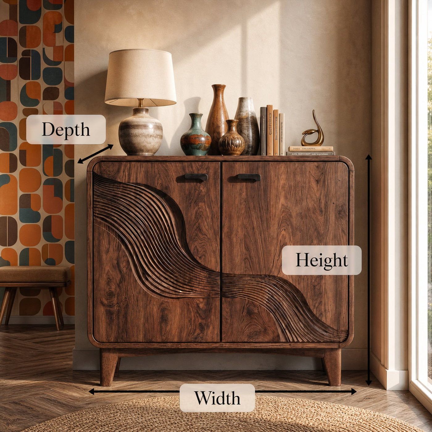 Mid Century Sculptural Storage Cabinet For Living Room And Dining Room Space - product view 8