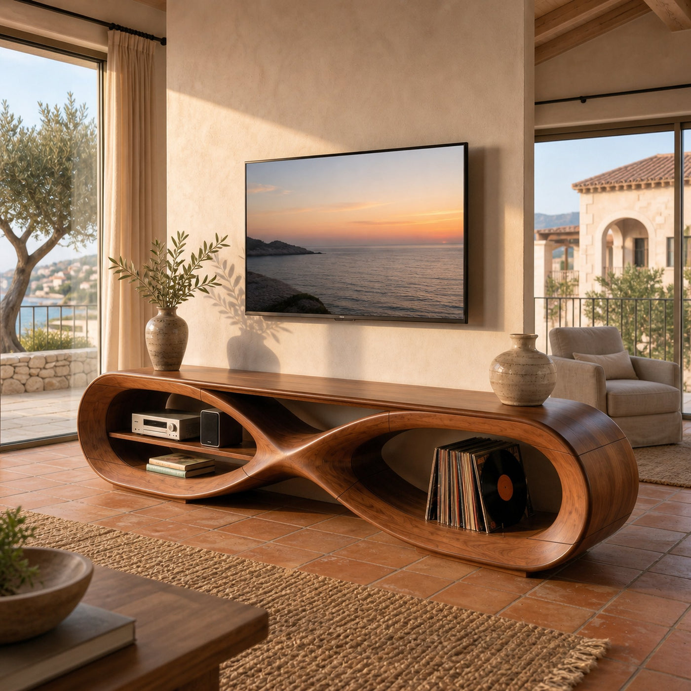 Mid Century Sculptural TV Console For Lounge Space