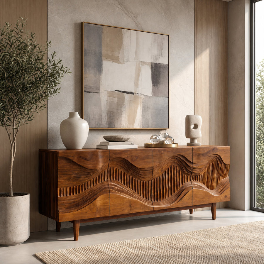 Mid Century Sideboard With Sculptural Wave Carved Wood Doors For Living Room