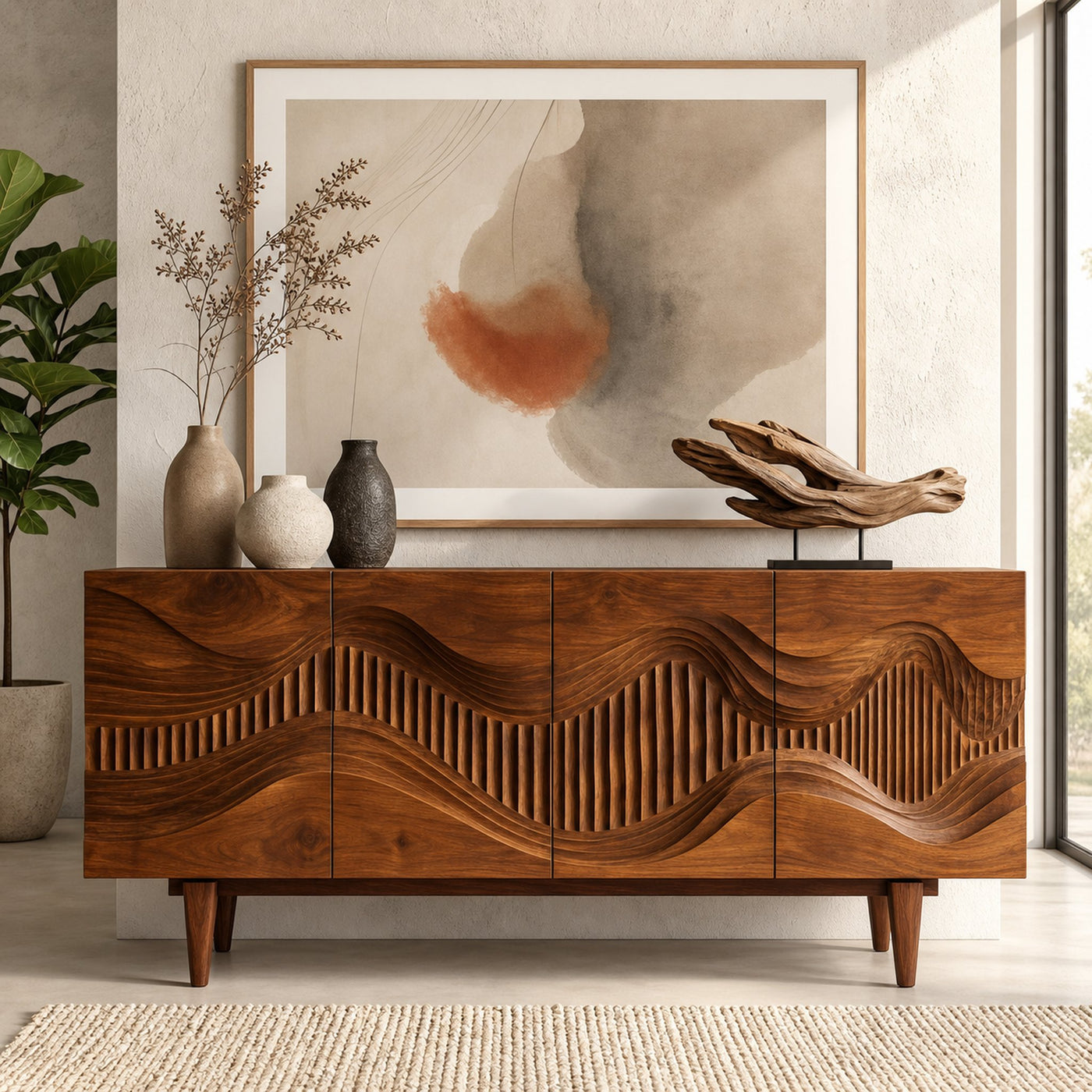 Mid Century Sideboard With Sculptural Wave Carved Wood Doors For Living Room - product view 6