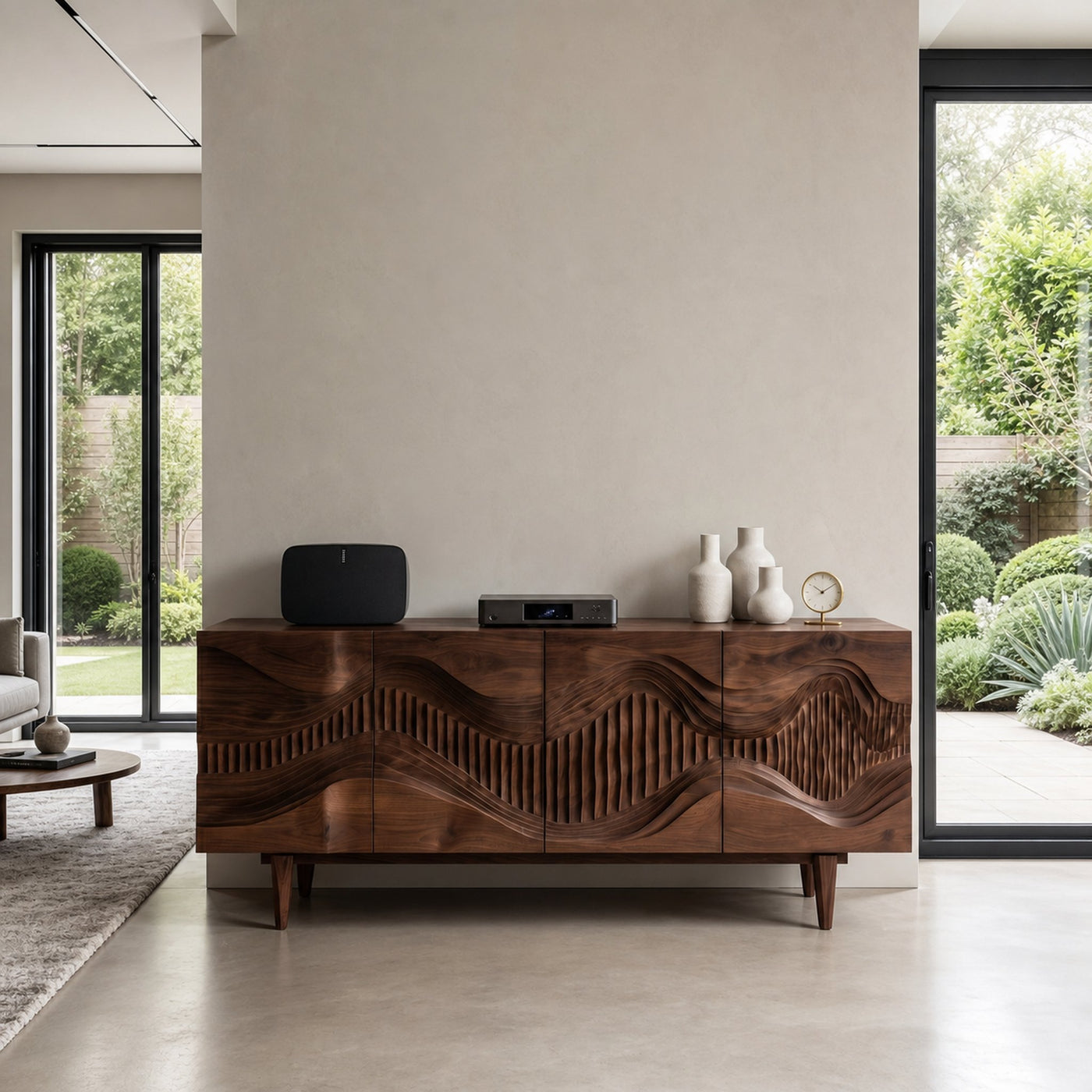 Mid Century Sideboard With Sculptural Wave Carved Wood Doors For Living Room - product view 7