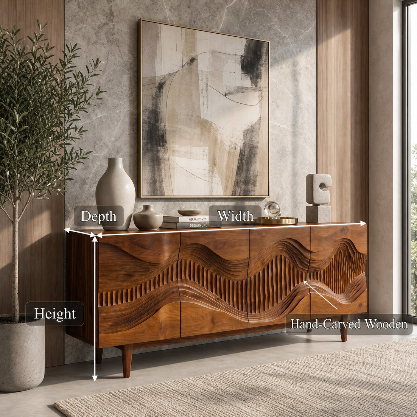 Mid Century Sideboard With Sculptural Wave Carved Wood Doors For Living Room - product view 8