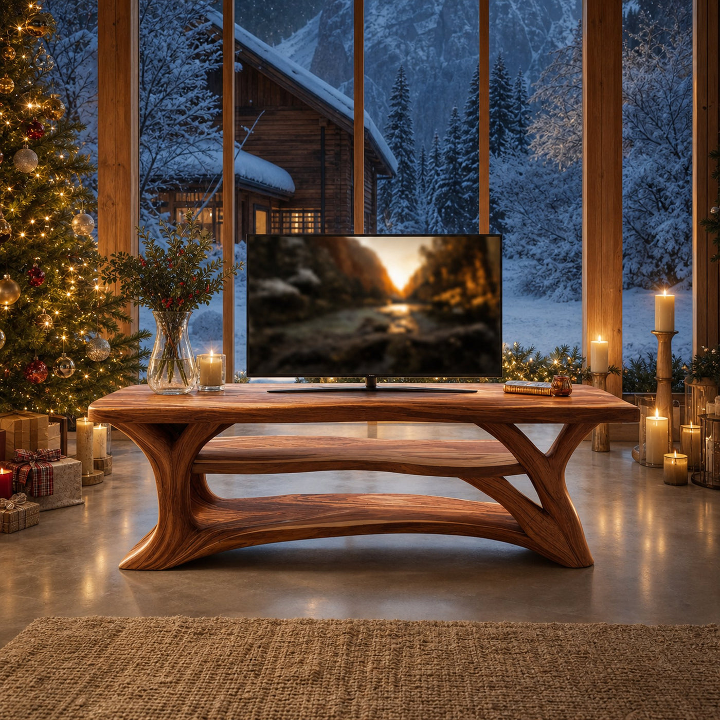 Mid Century Solid Wood TV Console For Cozy Christmas Living Room