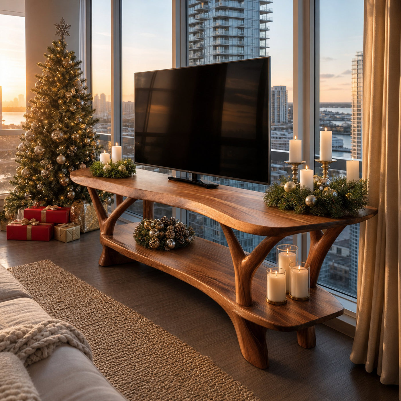 Mid Century Solid Wood TV Console For Holiday Entryway Decor