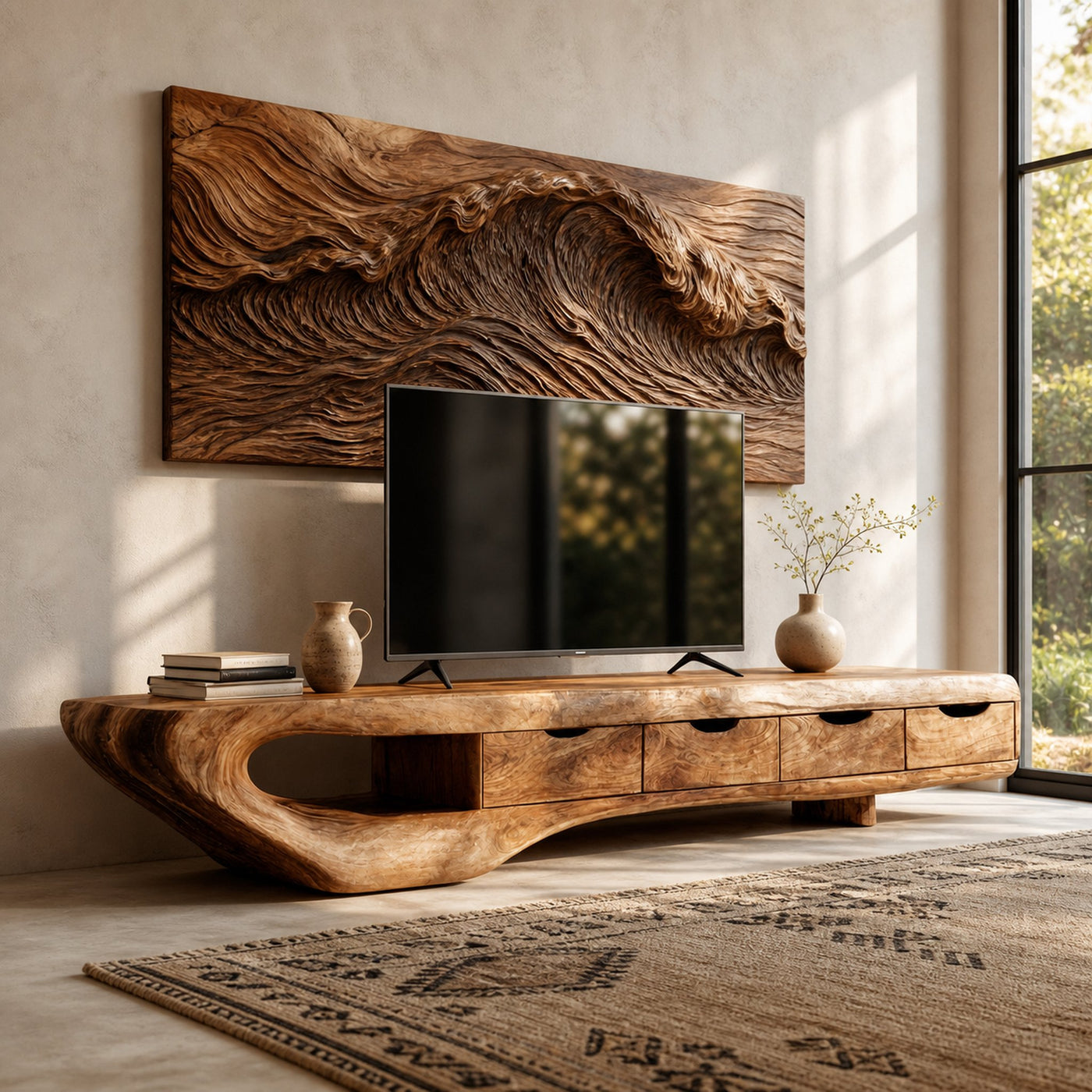 Mid Century TV Cabinet Solid Natural Wood For Living Room