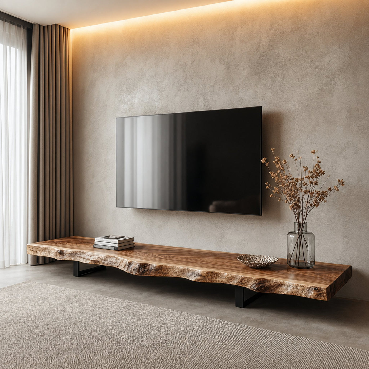 Mid Century TV Console Live Edge Wood Master Bedroom