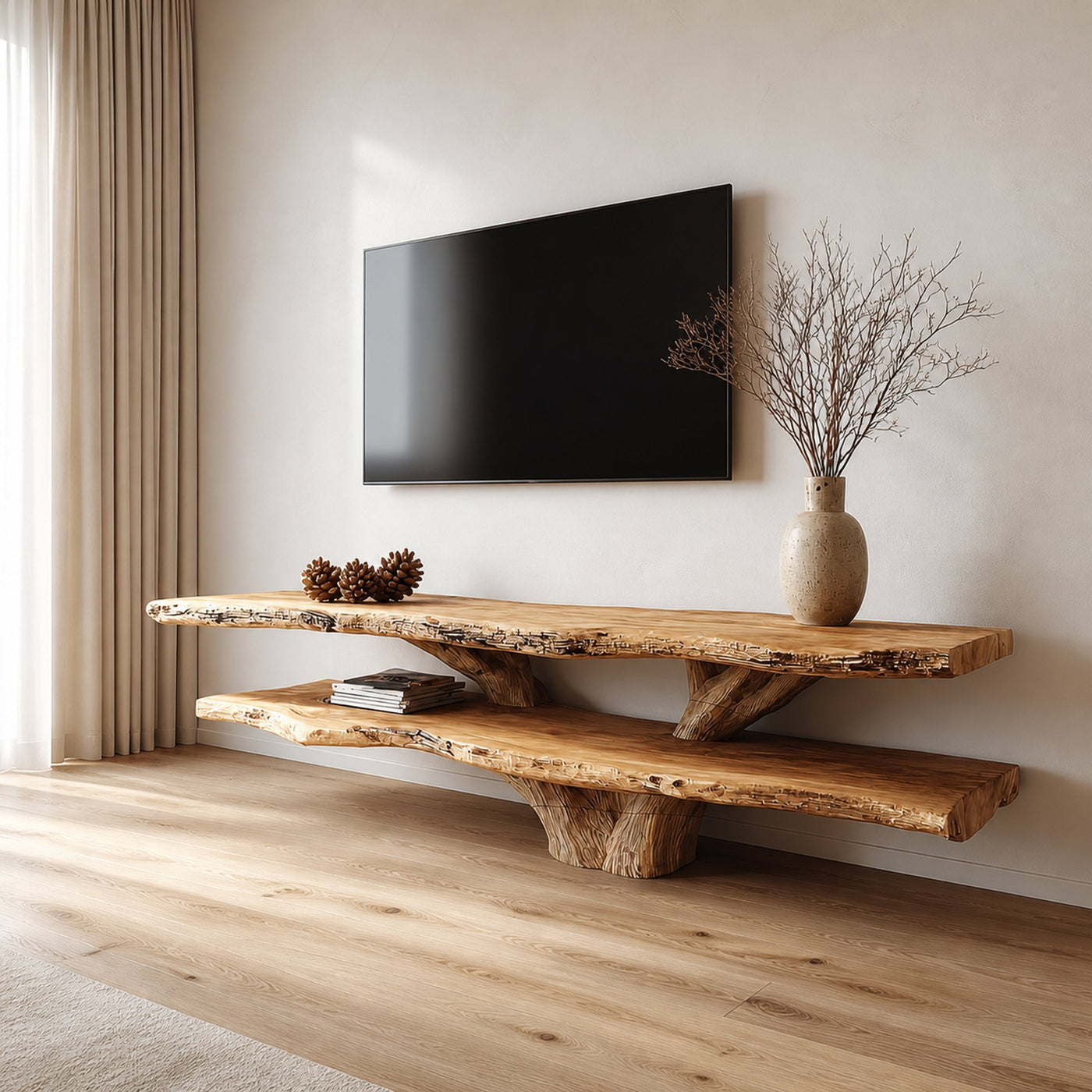 Mid Century TV Console Two Tier Live Edge Apartment Space