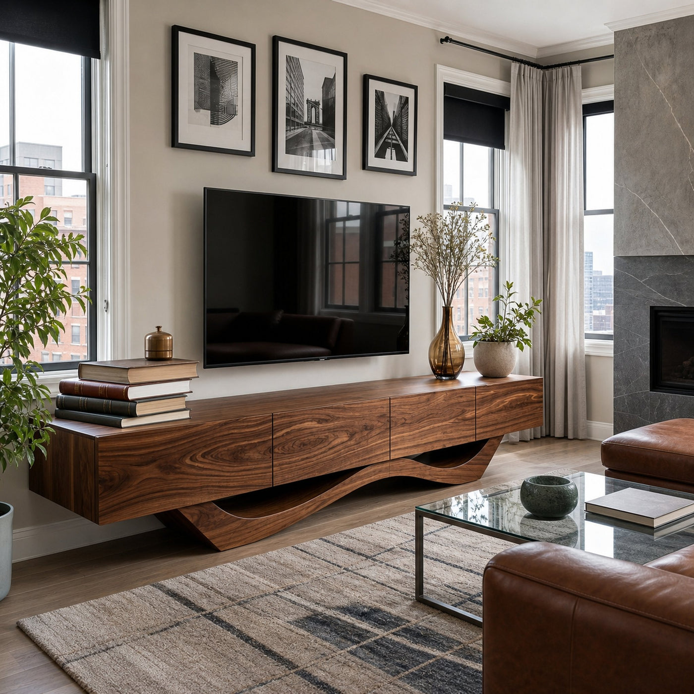Mid Century TV Stand With Flowing Base For Living Room - product view 7