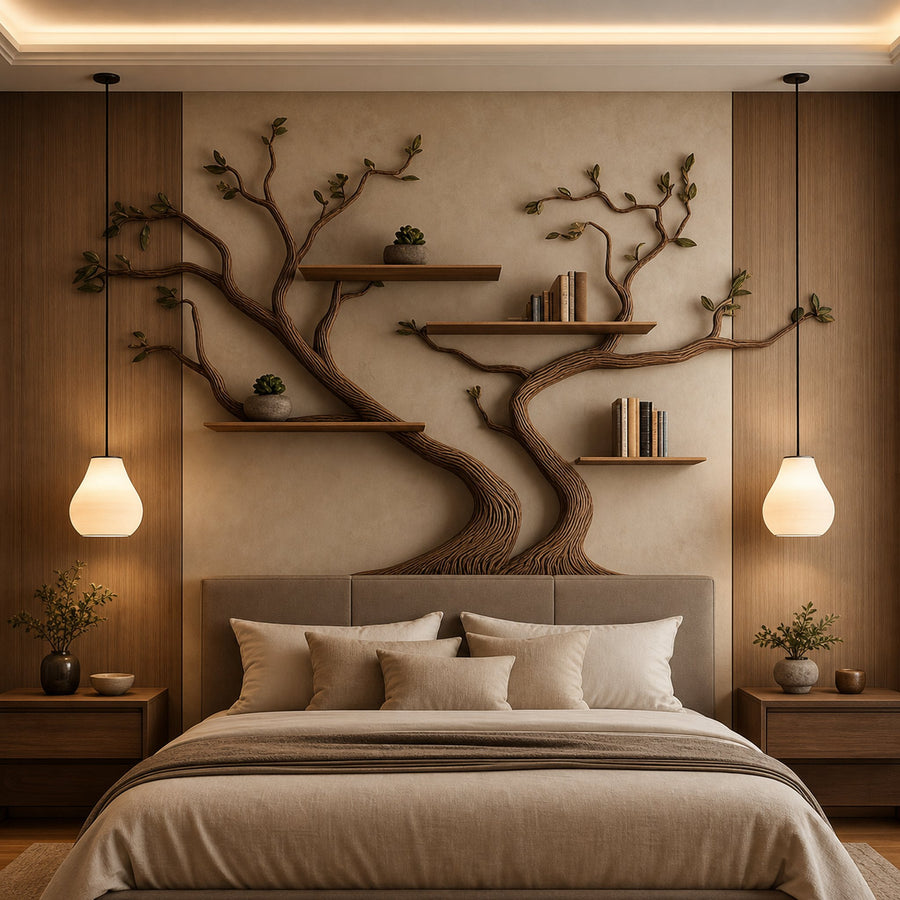 Mid Century Tree Wall Bookshelf Modern Cozy Bedroom