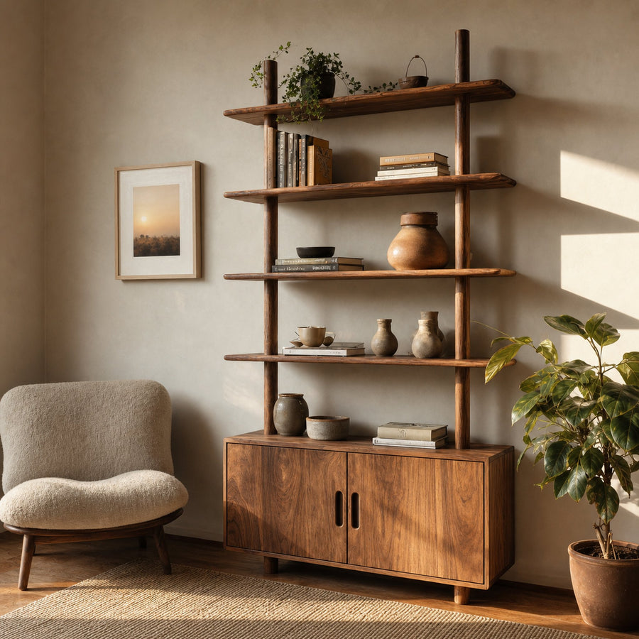 Mid Century Wooden Bookcase With Closed Storage For Living