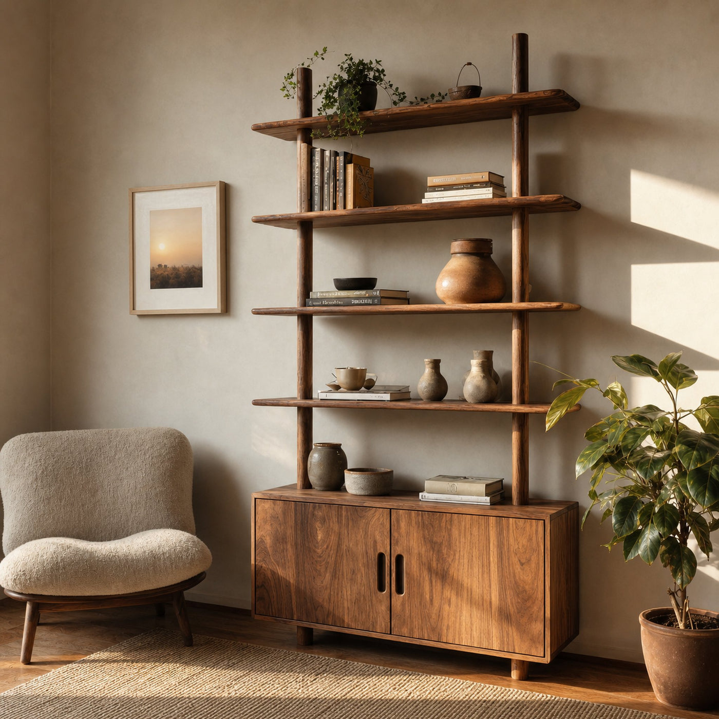 Mid Century Wooden Bookcase With Closed Storage For Living