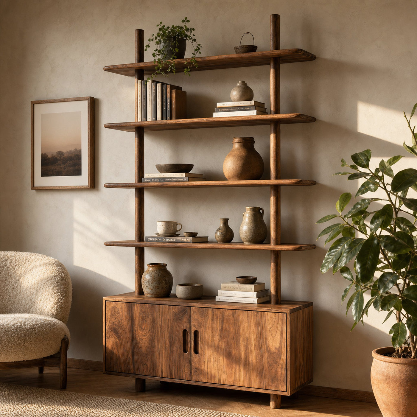 Mid Century Wooden Bookcase With Closed Storage For Living - product view 6