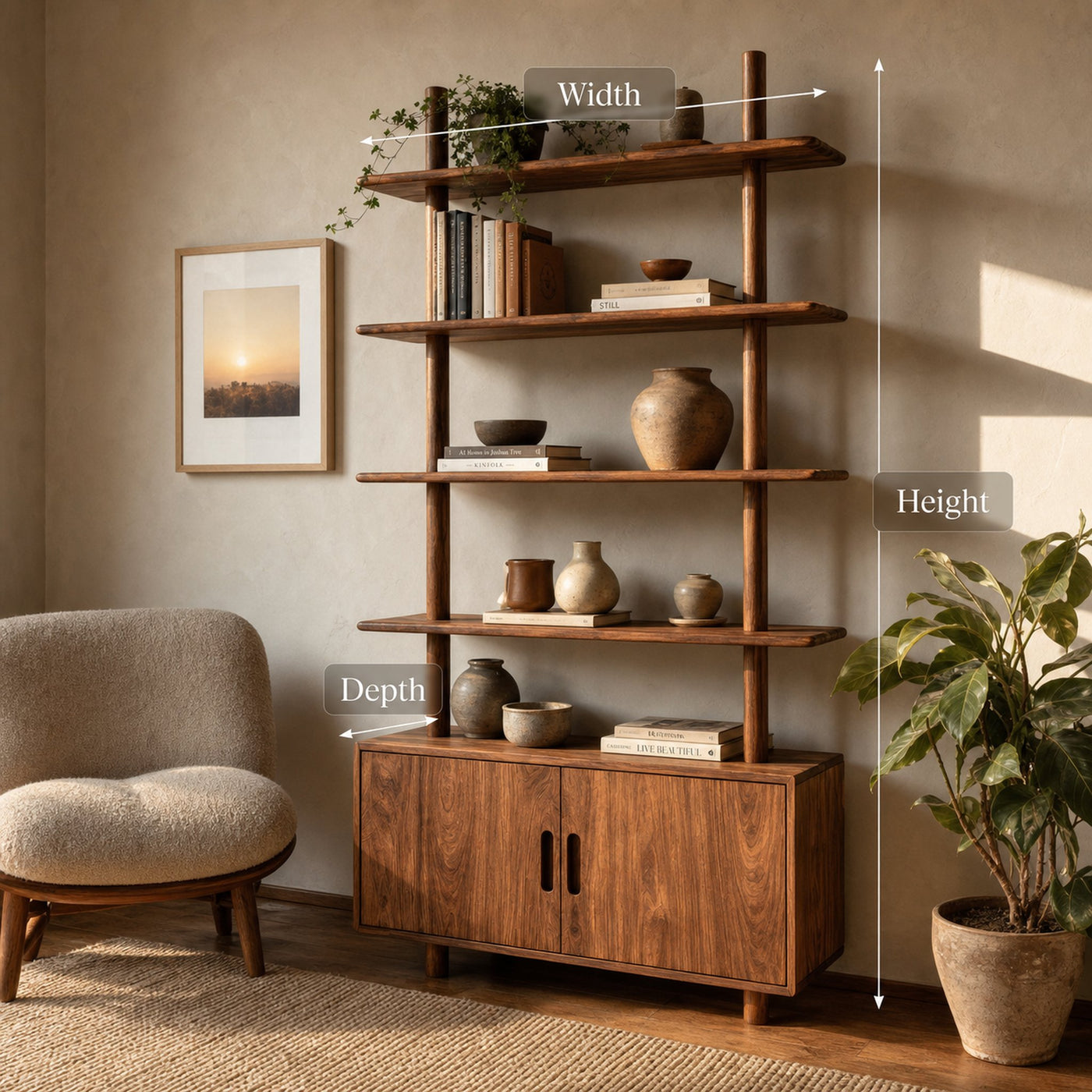 Mid Century Wooden Bookcase With Closed Storage For Living - product view 7
