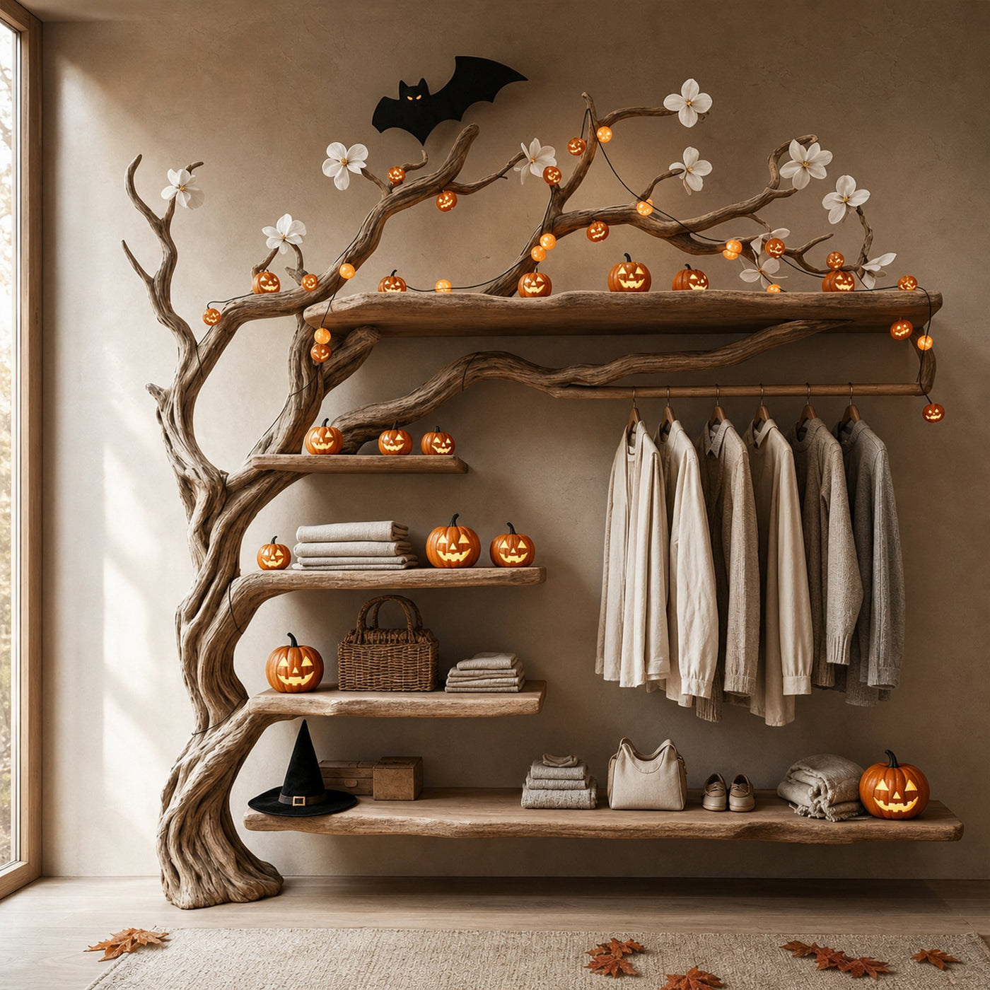 Mid Century Wooden Halloween Tree Clothes Organizer Shelf Home Decor