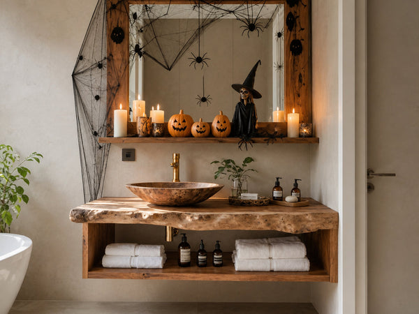 Mid Century Wooden Live Edge Bathroom Shelf For Bathroom Halloween Decor