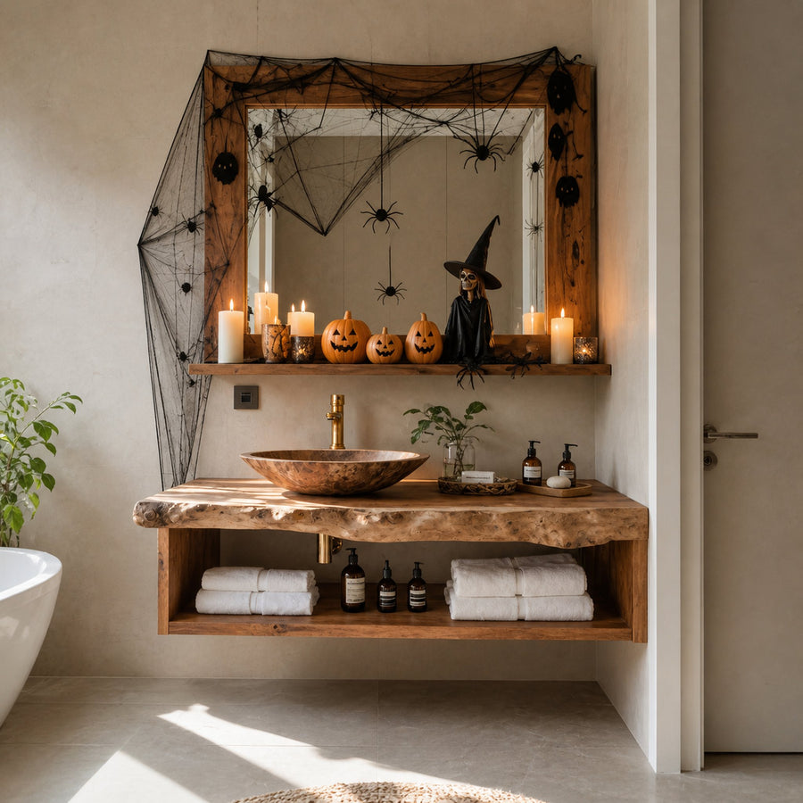 Mid Century Wooden Live Edge Bathroom Shelf For Bathroom Halloween Decor