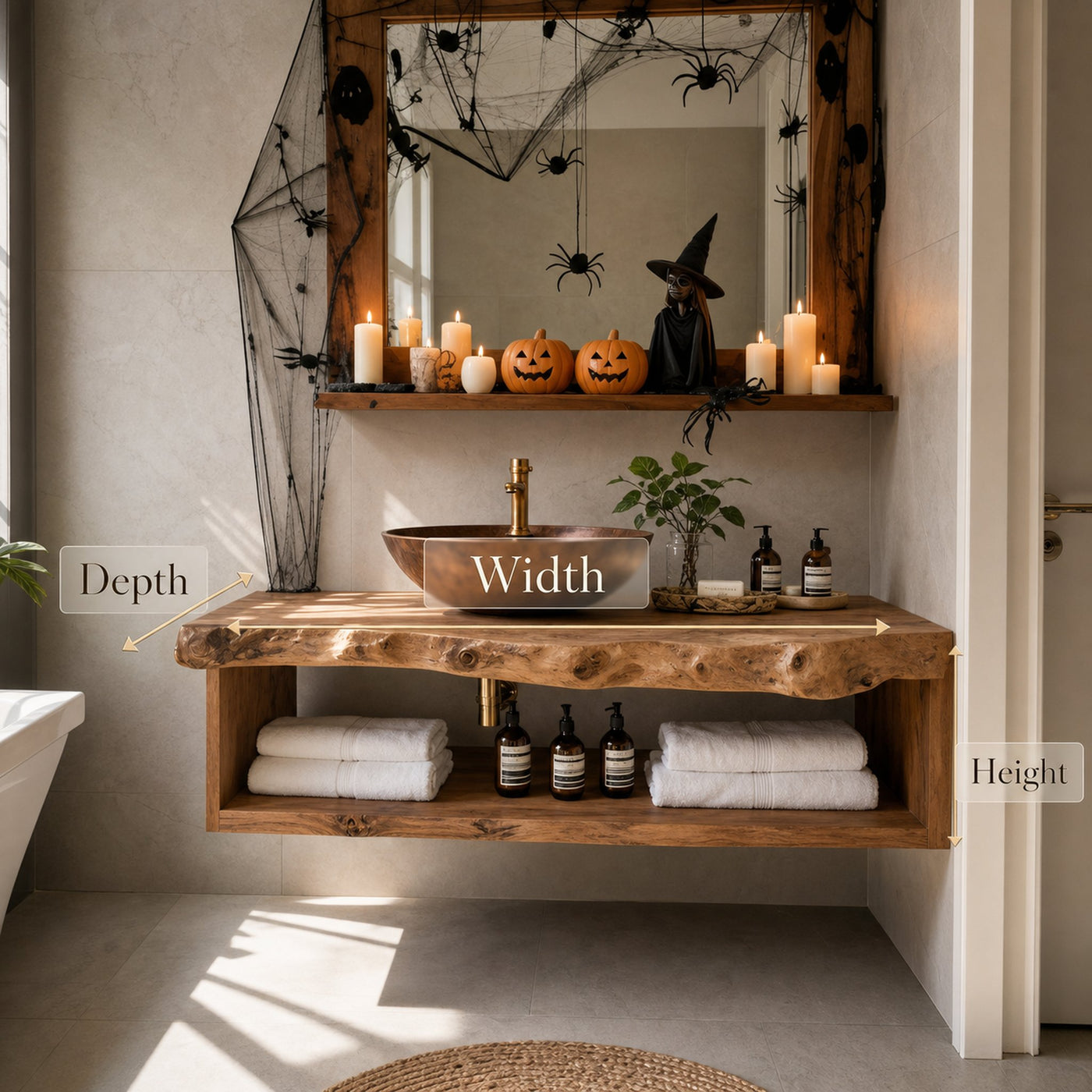 Mid Century Wooden Live Edge Bathroom Shelf For Bathroom Halloween Decor - product view 6