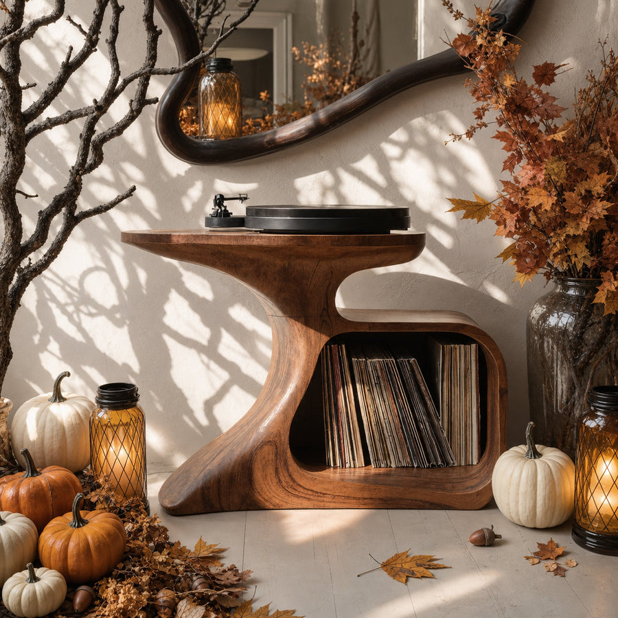 Mid Century Wooden Live Edge Record Stand For Living Room Halloween Decor