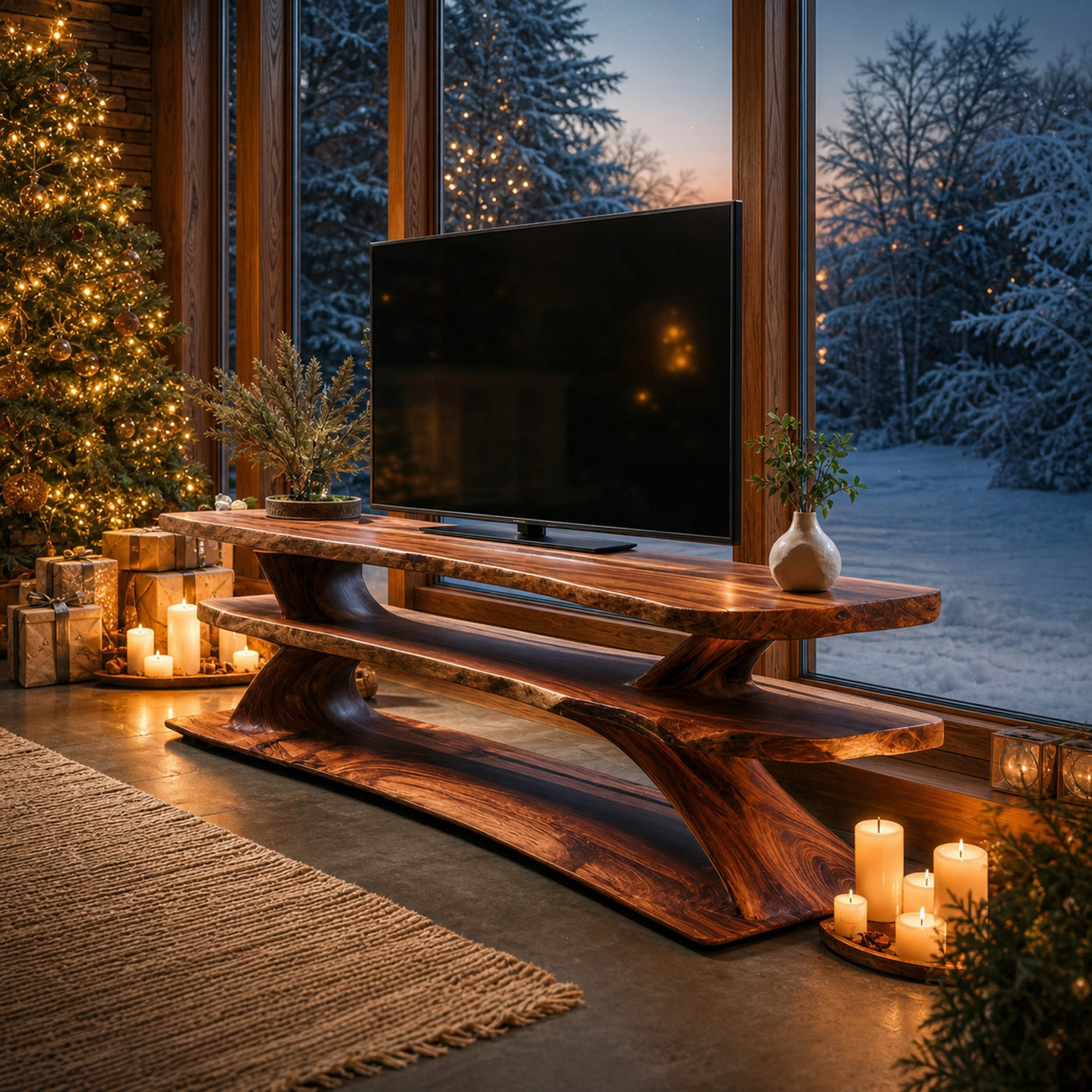 Mid Century Wooden Live Edge TV Console For Christmas Living Room