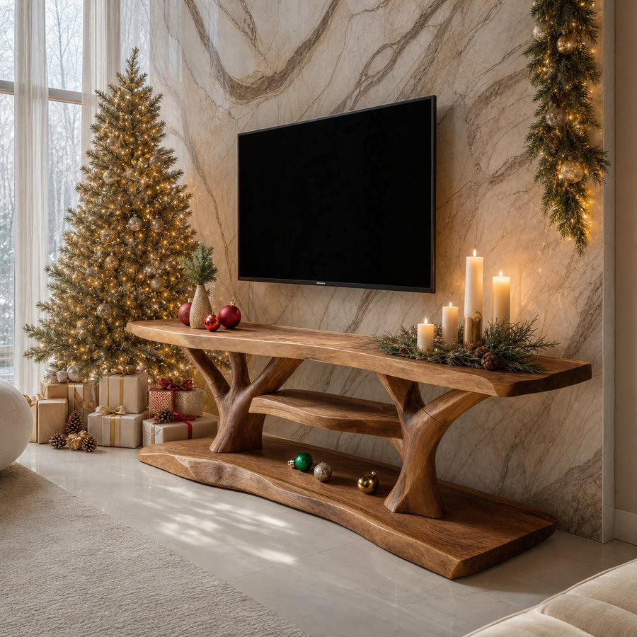 Mid Century Wooden Live Edge TV Console For Cozy Holiday Gift